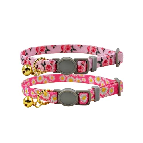 Olahibi Katzenhalsband, Blumenmuster, Sicherheitsschnalle, transparente Glöckchen, Polyester-Material, für ausgewachsene Katzen, 2 Stück (Daisy+Rose) von Olahibi