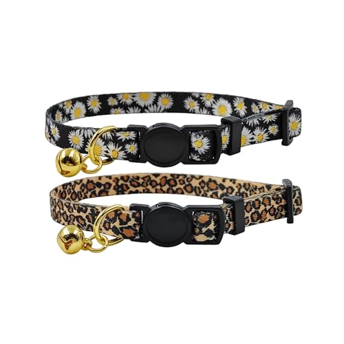 Olahibi Katzenhalsband, Blumenmuster, Sicherheitsschnalle, transparente Glöckchen, Polyester-Material, für ausgewachsene Katzen, Leopardenmuster und schwarze Gänseblümchen, 2 Stück Olahibi Katzenhalsband, Blumenmuster, Sicherheitsschnalle, transparente Glöckchen, Polyester-Material, für ausgewachsene Katzen, Leopardenmuster und schwarze Gänseblümchen, 2 Stück von Olahibi