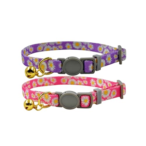 Olahibi Katzenhalsband, Gänseblümchen-Blumenmuster, sichere Schnalle, transparente Glöckchen, Polyester-Material, für ausgewachsene Katzen, 2 Stück (Rosa + Violett) von Olahibi