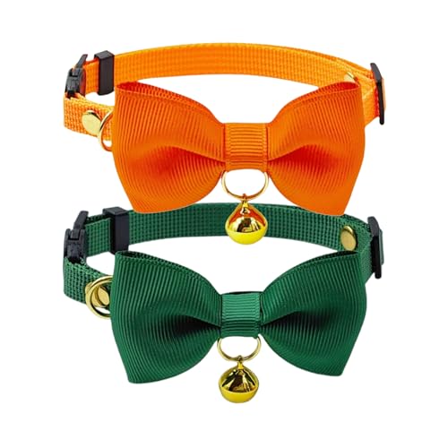 Olahibi Katzenhalsband, sichere Öffnung, 2 Stück, Sicherheitsschnalle, Fliege, transparente Glocke, Polyester-Material. (Erwachsene Katzen, Orange + Grün) von Olahibi