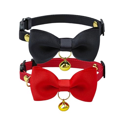 Olahibi Katzenhalsband, sichere Öffnung, 2 Stück, Sicherheitsschnalle, Fliege, transparente Glöckchen, Polyester-Material. (Kätzchen, Katzen, schwarz + rot) von Olahibi