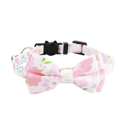 Olahibi Katzenhalsband mit Sicherheitsverschluss, Baumwollmaterial, Blumenmuster, abnehmbare Fliege, klare Glocke, für ausgewachsene Katzen, rosa Blume von Olahibi
