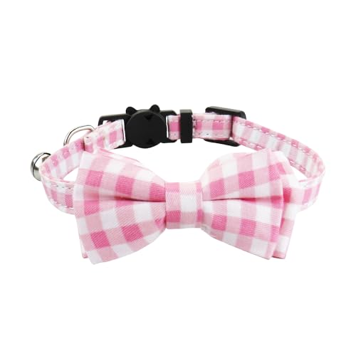 Olahibi Katzenhalsband mit Sicherheitsverschluss, Baumwollmaterial, Karomuster, abnehmbare Fliege, klare Glocke, für ausgewachsene Katzen, rosa Karomuster von Olahibi