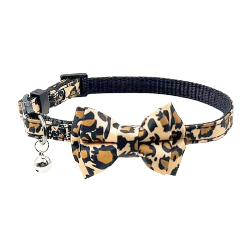Olahibi Katzenhalsband mit Sicherheitsverschluss, Leopardenmuster, Nylongewebe plus Baumwollband, abnehmbare Fliege, klare Glocke, für ausgewachsene Katzen (brauner Leopard) von Olahibi