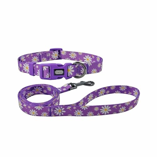 Olahibi Kombi-Set aus Hundehalsband und Leine, Blumenmuster, Polyester-Material, 150 cm, passende Leine, für große Hunde (L, lila Gänseblümchen) von Olahibi