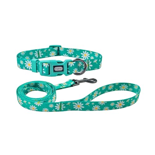 Olahibi Kombi-Set aus Hundehalsband und Leine, Blumenmuster, Polyester-Material, 150 cm, passende Leine, für mittelgroße Hunde (Größe M, grünes Gänseblümchen) von Olahibi