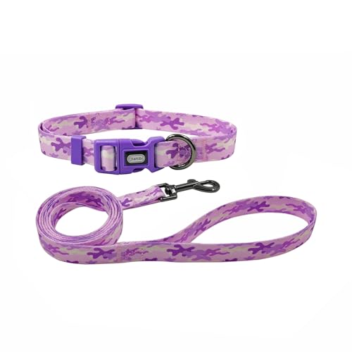 Olahibi Kombi-Set aus Hundehalsband und Leine, Camouflage-Muster, Polyester-Material, 150 cm, passende Leine, für große Hunde (L, Lila Camo) von Olahibi