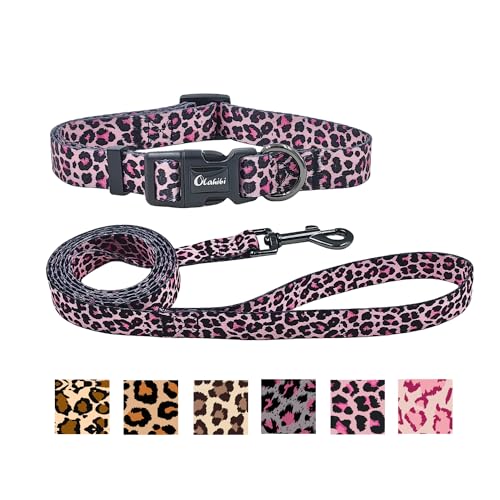 Olahibi Kombi-Set aus Hundehalsband und Leine, Leopardenmuster, Polyester, 1,52 m, passende Leine, für kleine Hunde, Größe S, rosa Leopardenmuster von Olahibi