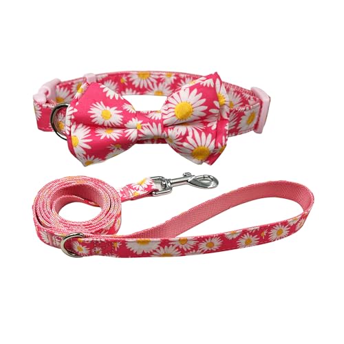 Olahibi Kombi-Set aus Hundehalsband und Leine, Nylon-Gurtband und Baumwollband, 150 cm Leine, für mittelgroße Hunde, rosa Gänseblümchen-Muster von Olahibi
