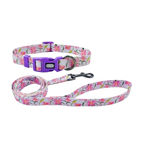 Olahibi Kombi-Set aus Hundehalsband und Leine, niedliches Lilienmuster, Polyester-Material, 150 cm, passende Leine, für große Hunde (L, Lila) von Olahibi