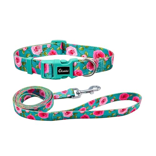 Olahibi Kombi-Set aus Hundehalsband und Leine, niedliches Rosenmuster, Polyester-Material, 150 cm, passende Leine, für große Hunde (Größe L, Grüne Rose) von Olahibi