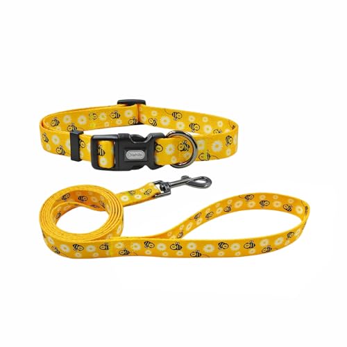 Olahibi Kombi-Set für Hundehalsband und Leine, Bienenmuster, Polyester-Material, 150 cm, passende Leine, für mittelgroße Hunde (Größe M, Biene) von Olahibi