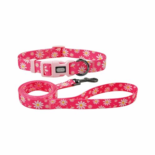 Olahibi Kombi-Set für Hundehalsband und Leine, Blumenmuster, Polyester-Material, 150 cm, passende Leine, für kleine Hunde (Größe S, rosa Gänseblümchen) von Olahibi