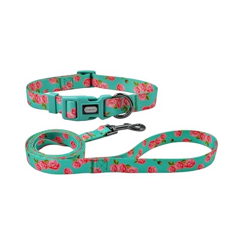 Olahibi Kombi-Set für Hundehalsband und Leine, Blumenmuster, Polyester-Material, 150 cm, passende Leine, für mittelgroße Hunde (Größe M, Grüne Rose) von Olahibi