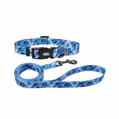 Olahibi Kombi-Set für Hundehalsband und Leine, Camouflage-Muster, Polyester-Material, 150 cm, passende Leine, für große Hunde (L, Blau Camo) von Olahibi