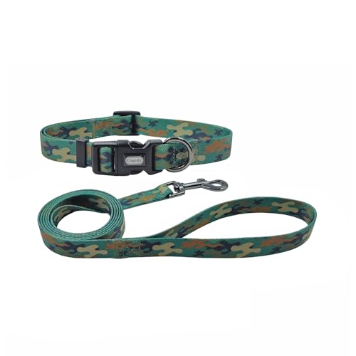 Olahibi Kombi-Set für Hundehalsband und Leine, Camouflage-Muster, Polyester-Material, 150 cm, passende Leine, für mittelgroße Hunde (Größe M, Grünes Camo) von Olahibi