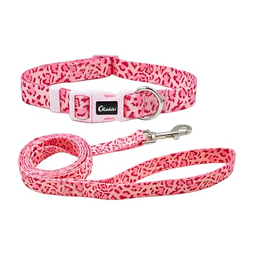 Olahibi Kombi-Set für Hundehalsband und Leine, Leopardenmuster, Polyester-Material, 150 cm, passende Leine, für kleine Hunde (Größe S, rosa Leopard) von Olahibi
