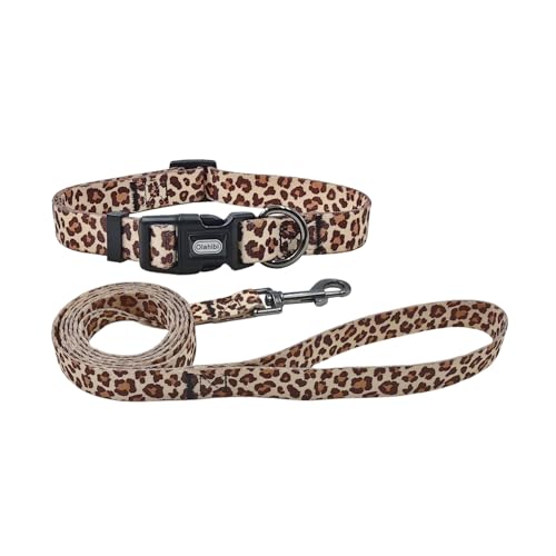 Olahibi Kombi-Set für Hundehalsband und Leine, Leopardenmuster, Polyester-Material, 150 cm, passende Leine, für mittelgroße Hunde (Größe M, Hellkaffeebraun) von Olahibi