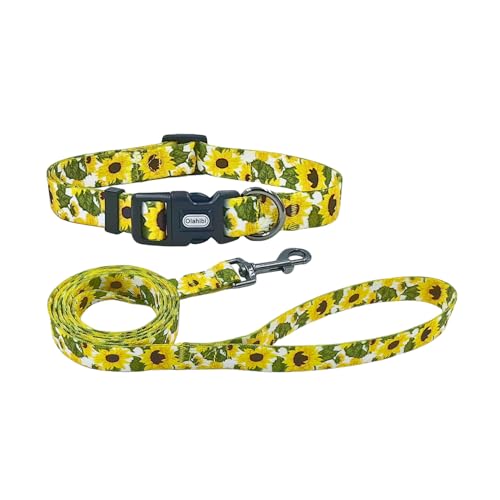 Olahibi Kombi-Set für Hundehalsband und Leine, Sonnenblumenmuster, Polyester-Material, 150 cm, passende Leine, für mittelgroße Hunde (Größe M, Sonnenblume) von Olahibi