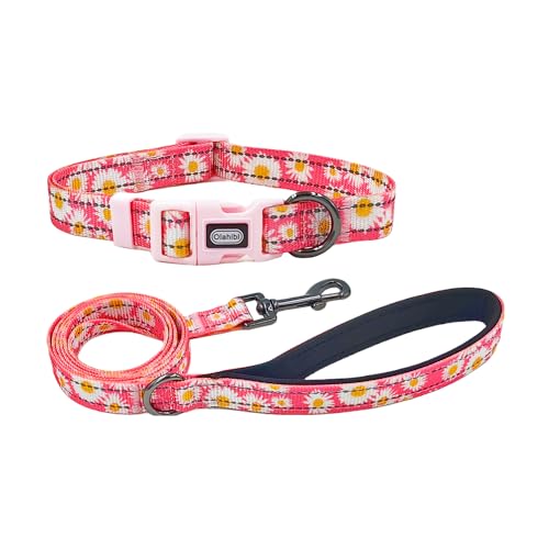 Olahibi Kombi-Set für Hundehalsband und Leine, niedliches Gänseblümchenmuster, Polyester-Material, mit reflektierenden Streifen, 150 cm lange Leine, für mittelgroße Hunde (Größe M, Rosa) von Olahibi