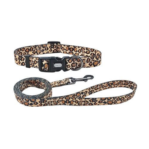 Olahibi Kombi-Set mit Hundehalsband und Leine, Leopardenmuster, Polyester-Material, 150 cm, passende Leine, für kleine Welpen, Größe XS, brauner Leopardenmuster von Olahibi