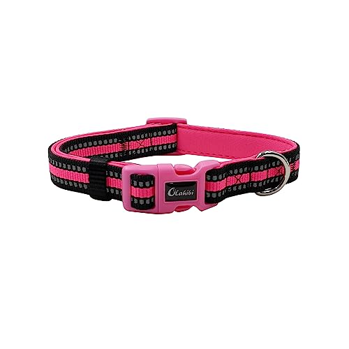 Olahibi Neopren-gepolstertes Hundehalsband, strapazierfähiges Nylon-Material, reflektierende Streifen, weich und bequem für kleine, mittelgroße und große Hunde. (groß, rosa Halsband) von Olahibi