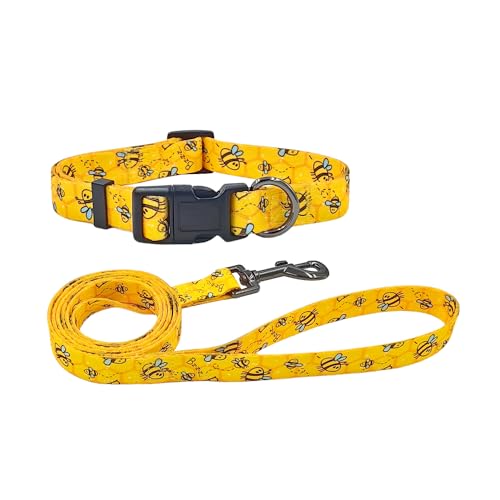 Olahibi Polyester-Hundehalsband, Leine, Halsband und 150 cm passende Leine für kleine Hunde (Größe S, gelbe Biene) von Olahibi