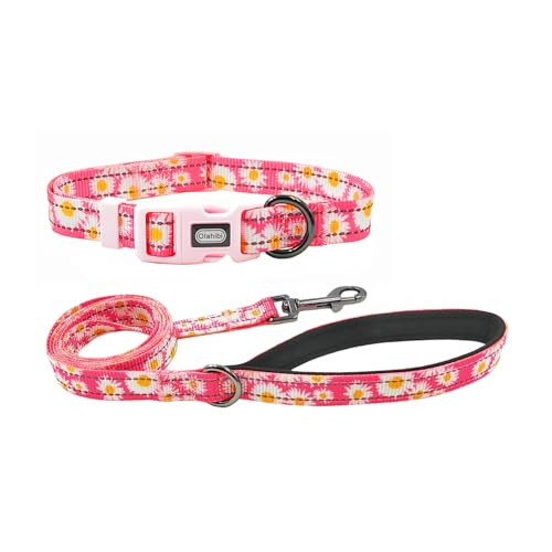 Olahibi Reflektierendes Hundehalsband-Leinen-Set, 150 cm, passende Leine, Blumenmuster, strapazierfähiges Nylon mit reflektierenden Streifen, 4 Größen für kleine, mittelgroße und große Hunde (L, rosa Olahibi Reflektierendes Hundehalsband-Leinen-Set, 150 cm, passende Leine, Blumenmuster, strapazierfähiges Nylon mit reflektierenden Streifen, 4 Größen für kleine, mittelgroße und große Hunde (L, rosa von Olahibi