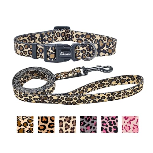 Olahibi Set aus Hundehalsband und Leine, Leopardenmuster, Polyester-Material, 150 cm, passende Leine, für kleine Hunde, Größe S, brauner Leopardenmuster von Olahibi
