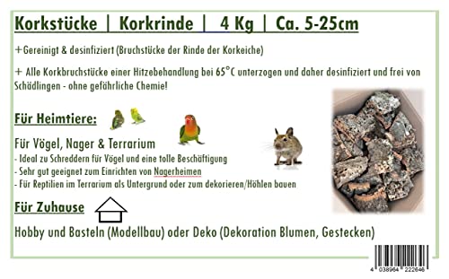 Korkstücke 4KG | Korkrinde | Ohne Chemie gereinigt und desinfiziert- Nur mit Hitze | Korkbruch 5-25cm Naturprodukt - Unikate | Ideal für Vögel (Knabberspaß), Nager, Terrarium (Einrichtung), Deko, uvm. von Ollesch