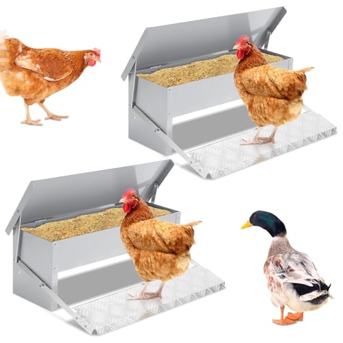 2x Ollewiellan Futterautomat Hühner 5KG Futterspender Futtertrog mit Automatisches Pedal, Hühnerfutter für Geflügel, Wasserdicht und rattensicher von Ollewiellan