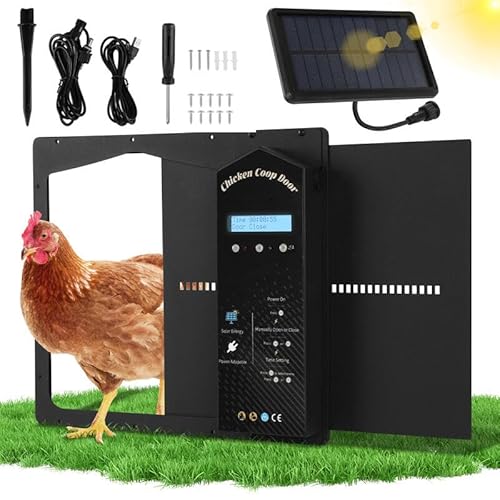 Ollewiellan Automatische Hühnerklappe Solar, Elektrische Hühnerklappe Automatisch Hühnerstalltür Hühnertür mit Lichtsensor, LCD Display, Timer, Fernbedienung, Intelligenter Einklemmschutz von Ollewiellan