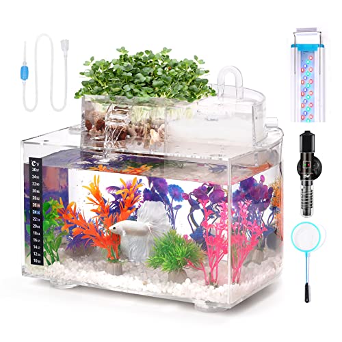 Kampffisch Aquarium Klein Komplettset, 10 L Aquarium Set Komplett mit LED- Beleuchtung, Filter, Heizung, Dekorationen und Zubehör – ideal für Hydrokultur-Anbausystem und Aquaponik von Oltraman