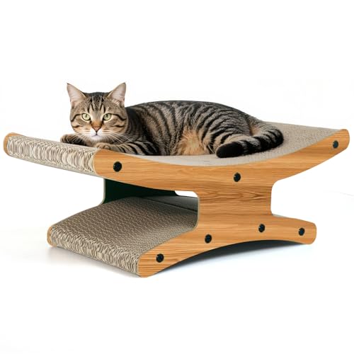 Großer doppelschichtiger Kratzbaum - Robuste Kratzunterlage aus Karton, stabile Katzenlounge & Kratzbaum für Kätzchen und Katzen (natürliche Holzfarbe) von Olurrsia