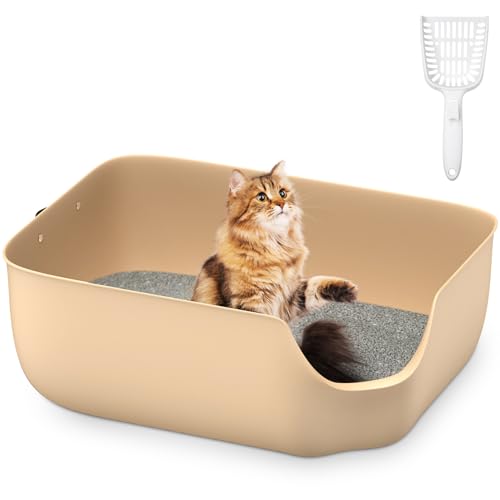 Olurrsia Katzentoilette, 56L x 42B x 22H cm Katzenklo mit Hohem Rand, Für Kleine und Mittelgroße Katzen, Katzentoilette mit Leder-Seitengriff & Streuschaufel, Beige von Olurrsia