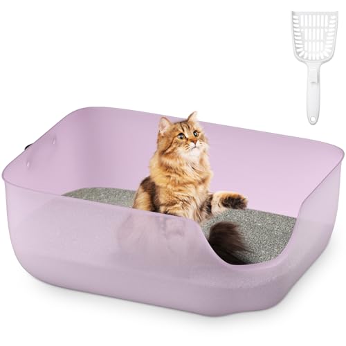 Olurrsia Katzentoilette, 56L x 42B x 22H cm Katzenklo mit Hohem Rand, Für Kleine und Mittelgroße Katzen, Katzentoilette mit Leder-Seitengriff & Streuschaufel, Transparentes Lila von Olurrsia