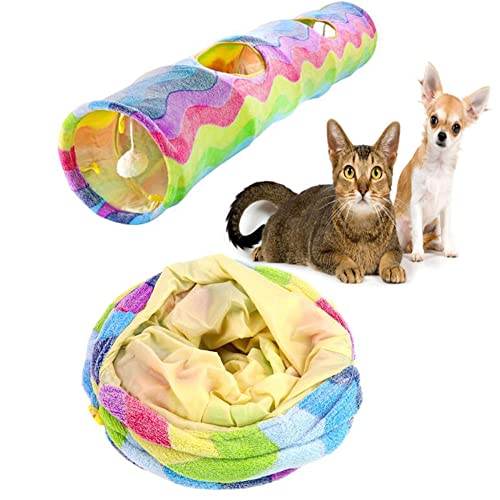 OmeHoin Cat Long Straight Plush Tunnel Toy with Ball Foldable Scratch-Resistant Hideout Tunnel Pet Supplies (Rainbow Wave) Rainbow Colors About 26 x 117cm von OmeHoin