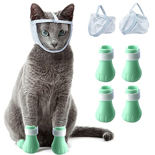 OmeHoin Katzen-Silikon-Katzenkrallen-Abdeckungen Maulkorb-Set, verstellbar, atmungsaktiv, Haustierbedarf zum Baden, Pflegen, Trimmen M-Größe von OmeHoin