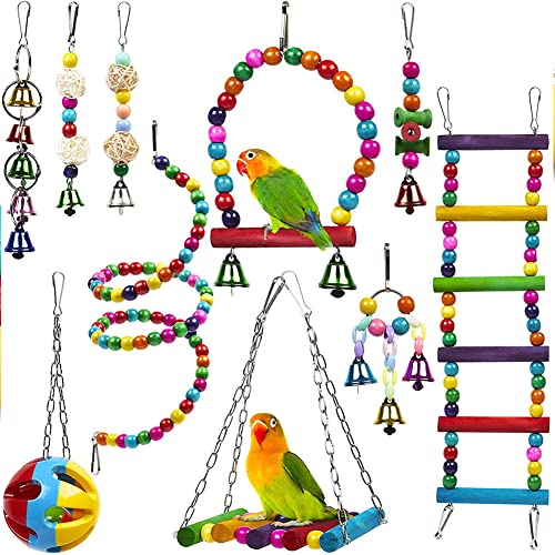 OmeHoin Papageienspielzeug, bunte Holzhänger, Leiter, Käfig, Hängeglocke, Vogelschaukel, Kauspielzeug, 10 Stück von OmeHoin