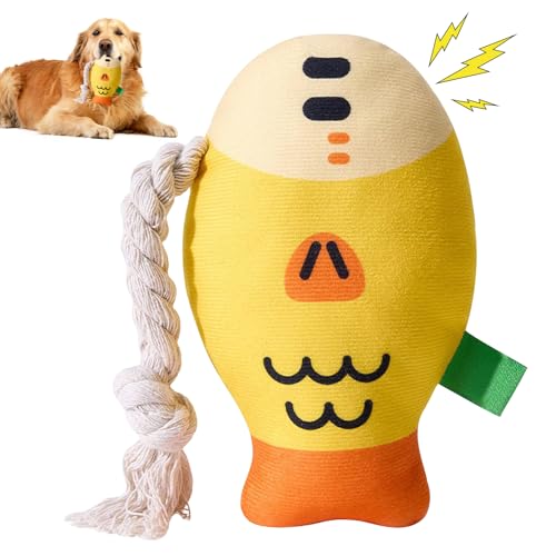 Omnikryp Hundespielzeug, Hund Quietschspielzeug, Interaktives Hund Kuscheltier Quietschendes Anti Stress mit Zugseil, Plüsch Kauspielzeug für Kleine Mittlere, Dickkopffisch, Gelb von Omnikryp