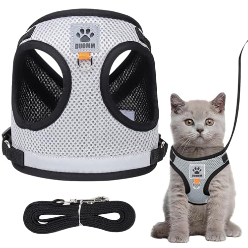 Omnikryp Katzengeschirr, Katzengeschirr mit Leine Ausbruchsicher, Verstellbar Katze Cat Harness, mit Reflektierend Streifen und Atmungsaktiv (Grau, M) von Omnikryp
