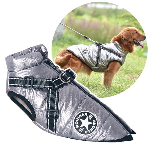 2 in 1 große Hundejacke mit Geschirr, Outdoor Hundesportweste Geschirr, Outdoor warmes Haustier Wintermantel Geschirr für große Hunde, (Silber) von Oncpcare