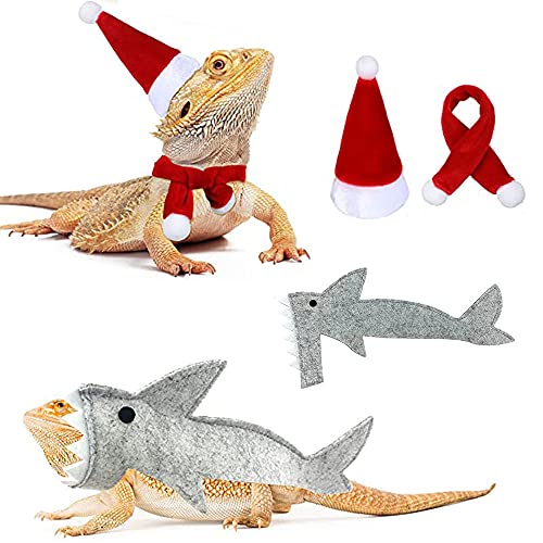 Reptilien-Weihnachtsmannmütze Schal Hai Outfit Set, Eidechsen Kleidung Haustier Bartdrache Hai Kostüm Weihnachten Halloween Kleidung Zubehör von Oncpcare