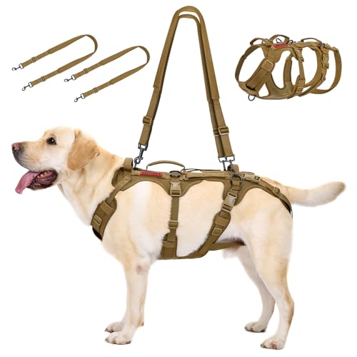 OneTigris Hundegeschirr, Tragehilfe Hund Ganzkörper Mit 2 Schultergurte Abnehmbares, Hund Tragehilfe Verstellbare Rückenlänge für Rüden und Hündinnen, Sicherheitsgeschirr mit 3 Griffen, M Olivgrün von OneTigris