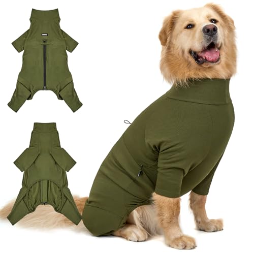 OneTigris Hund Onesie, FUZZBUD Einteiler für Große und Mittelgroße Hunde Weicher Warmer Dehnbarer Mehrzweck Hundepyjama für Haarausfall, Allergien, Anti-Lecken, Wundschutz - Grün XXL von OneTigris