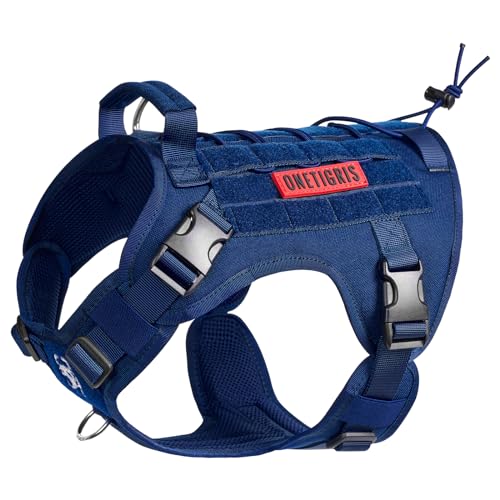 OneTigris Hundegeschirr, FIRE WATCHER Taktische Geschirr Sicherheitsgeschirr Hunde Hundeweste mit 1 Griffe und 2 D-Ring 1000D Nylon (M, Blau) von OneTigris