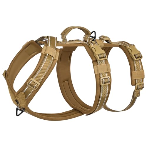 OneTigris Hundegeschirr, HOUNDLOCK Taktisches Geschirr Ausbruchsicher Einstellbar Weich Gepolstert Brustgeschirr mit 1 Griff, 2 D-Ringe und Reflektierend(Braun, L) von OneTigris