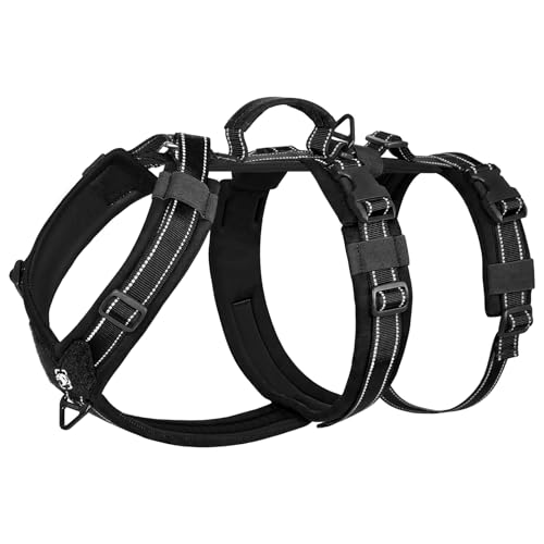 OneTigris Hundegeschirr, HOUNDLOCK Taktisches Geschirr Ausbruchsicher Einstellbar Weich Gepolstert Brustgeschirr mit 1 Griff, 2 D-Ringe und Reflektierend (Schwarz, M) von OneTigris