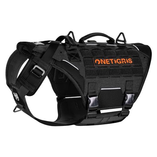 OneTigris Hundegeschirr, Torpedo Taktisches Geschirr mit 4 Metallschnallen 3 Metall-D-Ringen 2 Griffe und Reflexstreifen No-Pull Einstellbar Sicherheitsgeschirr für Große/Mittlere Hunde - Schwarz L von OneTigris