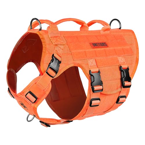 OneTigris Hundegeschirr, X Destroyer Taktisches Einstellbar Geschirr mit 3 Griffe 2 Metallschnallen Sicherheitsgeschirr (Orange S) von OneTigris